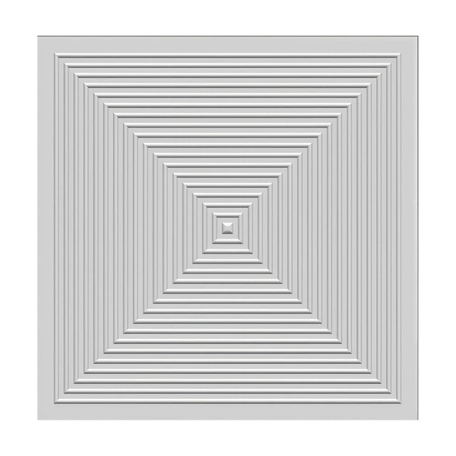 White 3D PVC wall panel, 50 x 50cm, featuring nested concentric square ridges stepping inward to a small raised central pyramid, shown on a plain background.