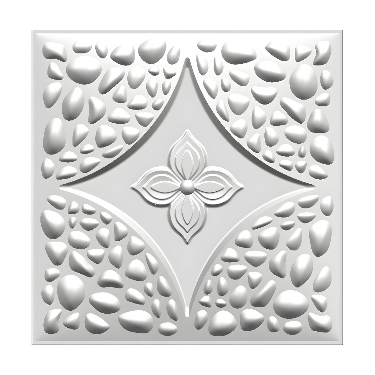 White 3D PVC wall panel, 50 x 50cm, with a four-petal flower centre, recessed star shape, and raised pebble texture filling the corners, shown on a plain background.