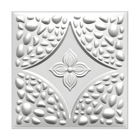 White 3D PVC wall panel, 50 x 50cm, with a four-petal flower centre, recessed star shape, and raised pebble texture filling the corners, shown on a plain background.