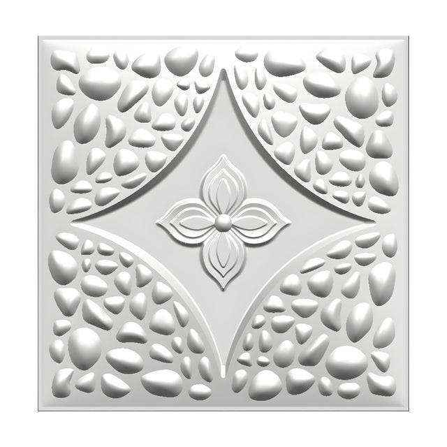 White 3D PVC wall panel, 50 x 50cm, with a four-petal flower centre, recessed star shape, and raised pebble texture filling the corners, shown on a plain background.
