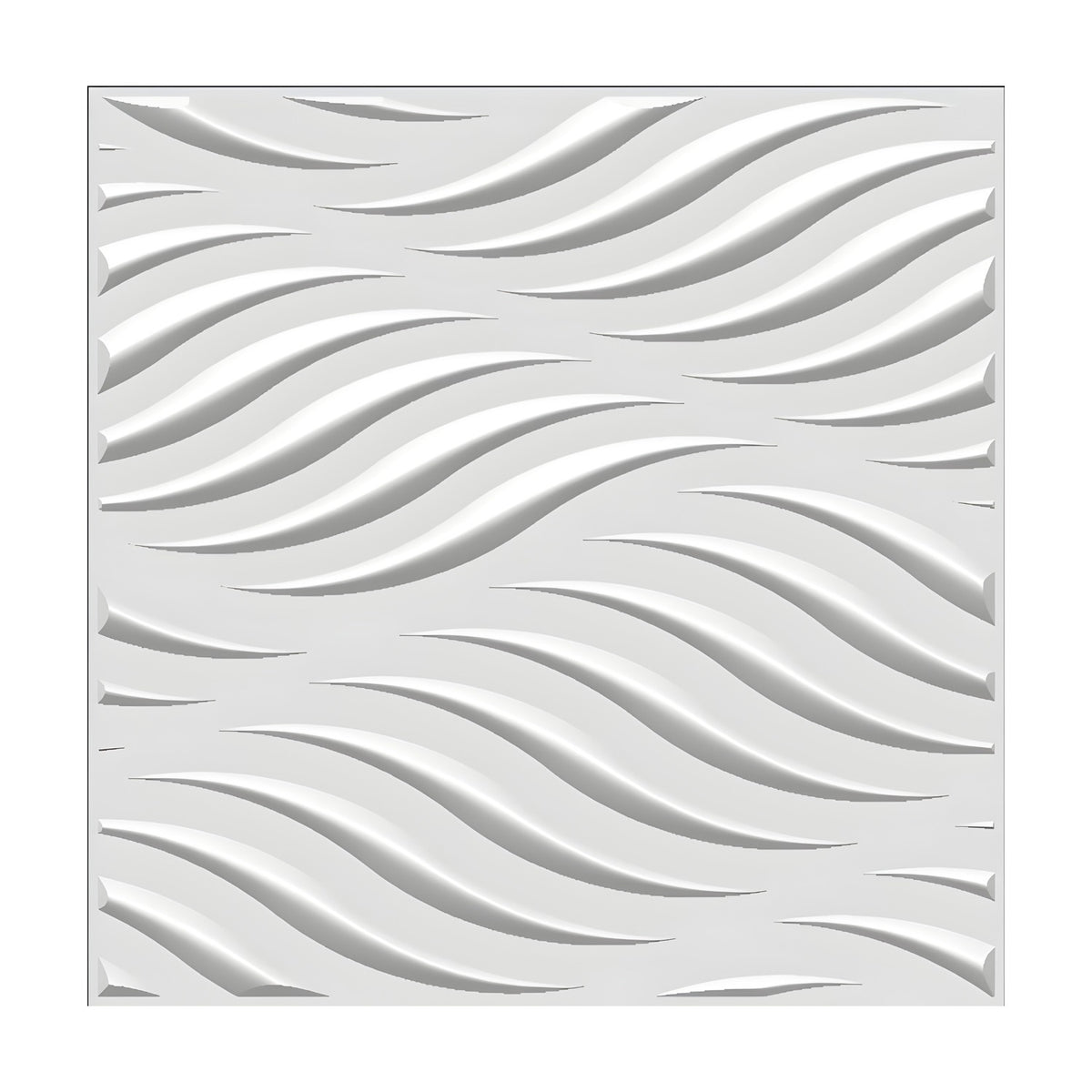 White square 3D PVC wall panel, Curved Blade Waves, 50 x 50cm, featuring slender raised S-curved blades in close parallel rows sweeping diagonally across the surface.