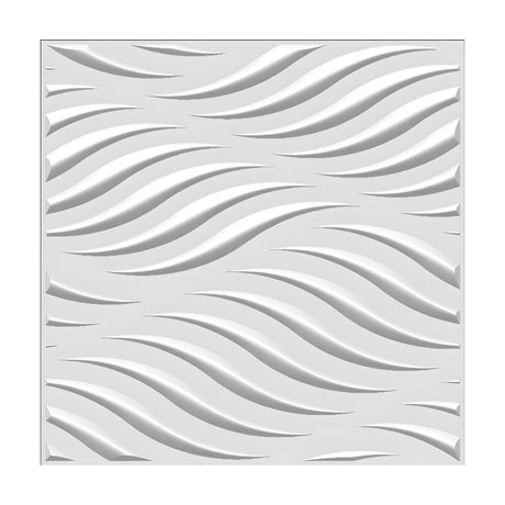 White square 3D PVC wall panel, Curved Blade Waves, 50 x 50cm, featuring slender raised S-curved blades in close parallel rows sweeping diagonally across the surface.