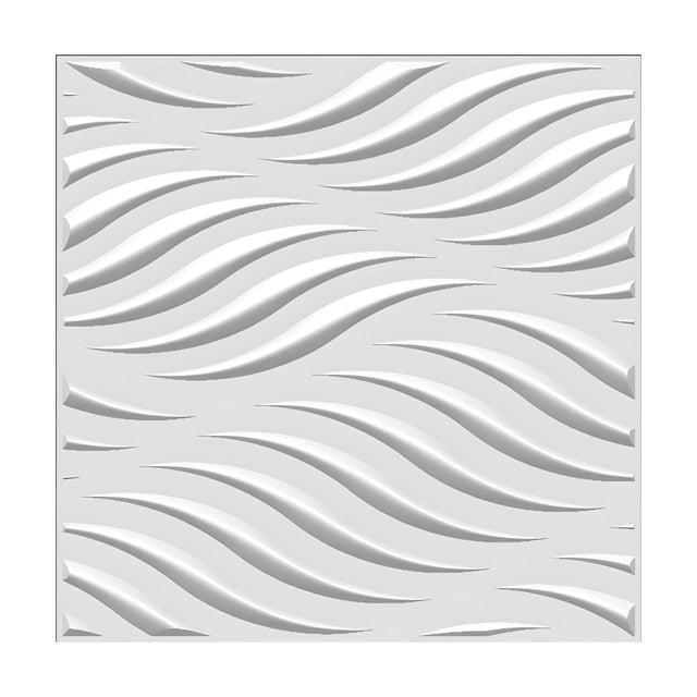 White square 3D PVC wall panel, Curved Blade Waves, 50 x 50cm, featuring slender raised S-curved blades in close parallel rows sweeping diagonally across the surface.