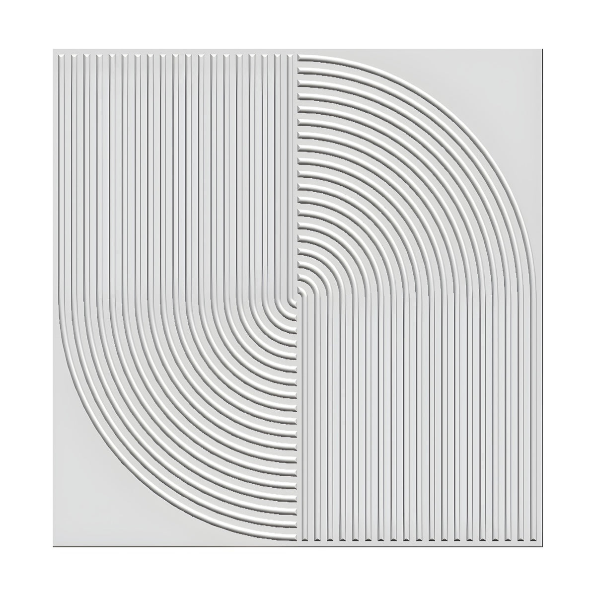 White square 3D PVC wall panel, 50 x 50cm, with raised vertical ribs transitioning into concentric quarter-circle arcs, shown on a plain background.