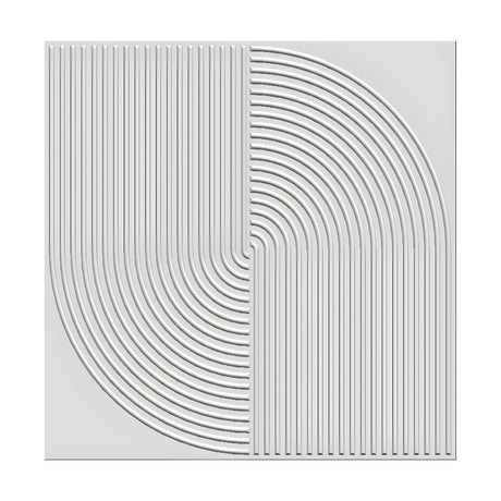 White square 3D PVC wall panel, 50 x 50cm, with raised vertical ribs transitioning into concentric quarter-circle arcs, shown on a plain background.
