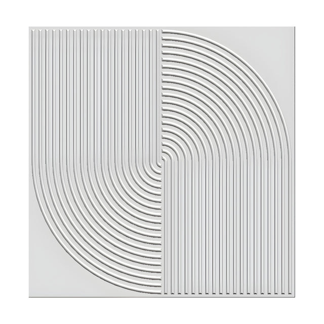 White square 3D PVC wall panel, 50 x 50cm, with raised vertical ribs transitioning into concentric quarter-circle arcs, shown on a plain background.