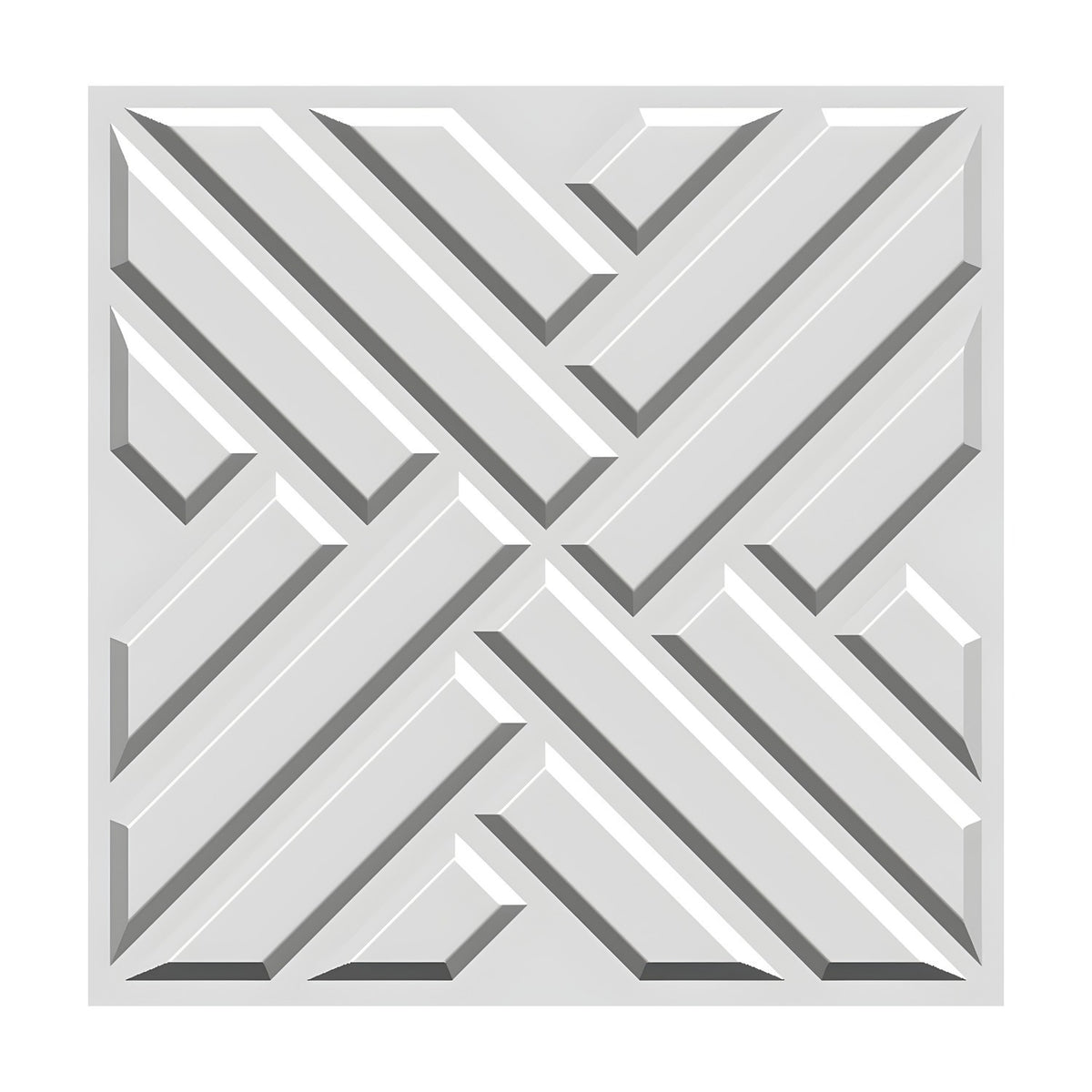 White PVC 3D wall panel, 50 x 50cm, featuring an interlocking diagonal bar pattern forming a large X with shorter parallel bars, shown on a plain background.