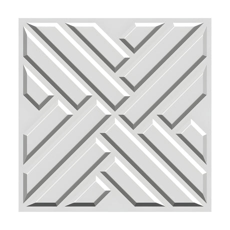 White PVC 3D wall panel, 50 x 50cm, featuring an interlocking diagonal bar pattern forming a large X with shorter parallel bars, shown on a plain background.