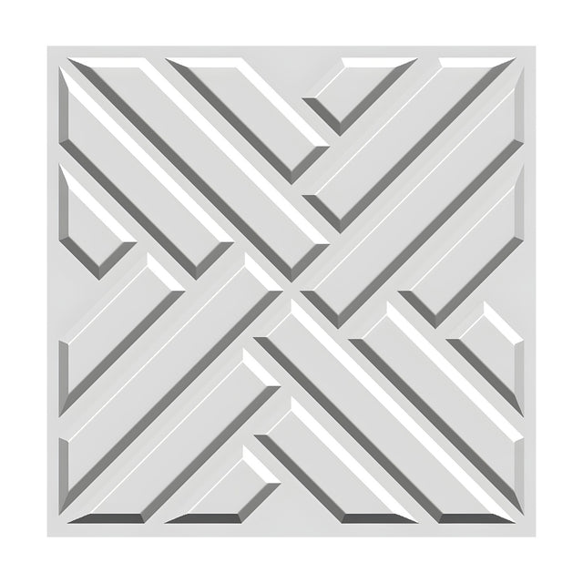 White PVC 3D wall panel, 50 x 50cm, featuring an interlocking diagonal bar pattern forming a large X with shorter parallel bars, shown on a plain background.