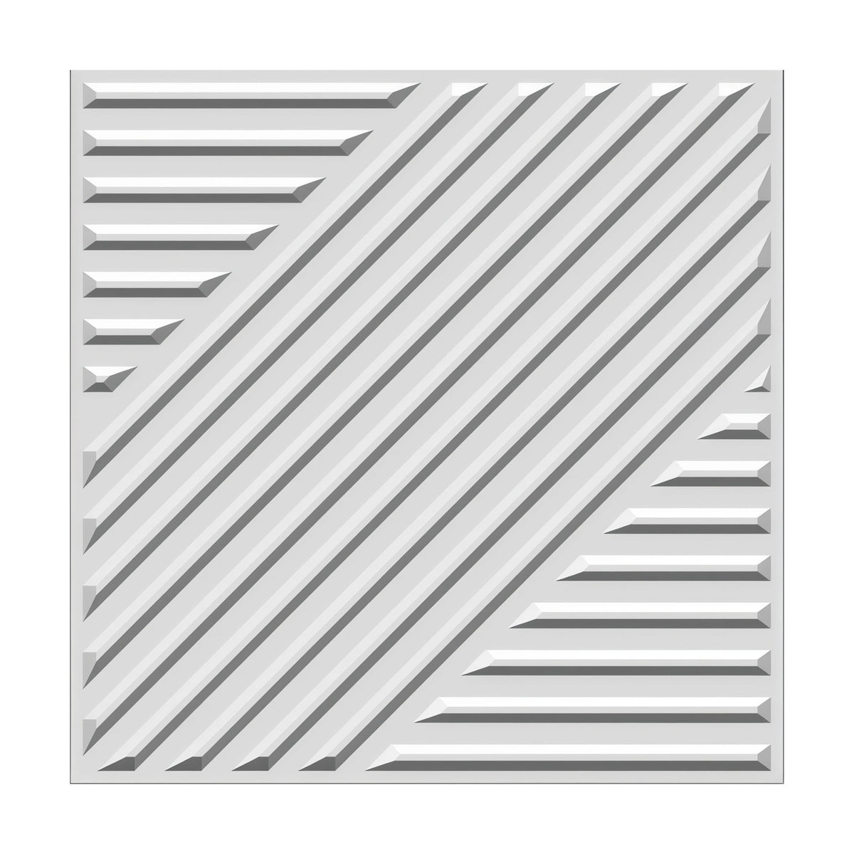 White square 3D PVC wall panel with a diagonal band of raised ribs and horizontal ribbed triangles in the corners, bevelled relief finish on a plain background.