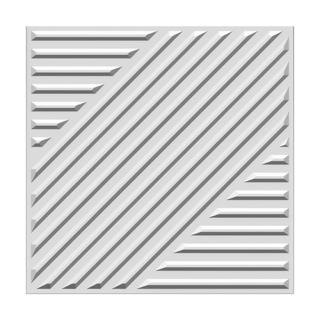 White square 3D PVC wall panel with a diagonal band of raised ribs and horizontal ribbed triangles in the corners, bevelled relief finish on a plain background.