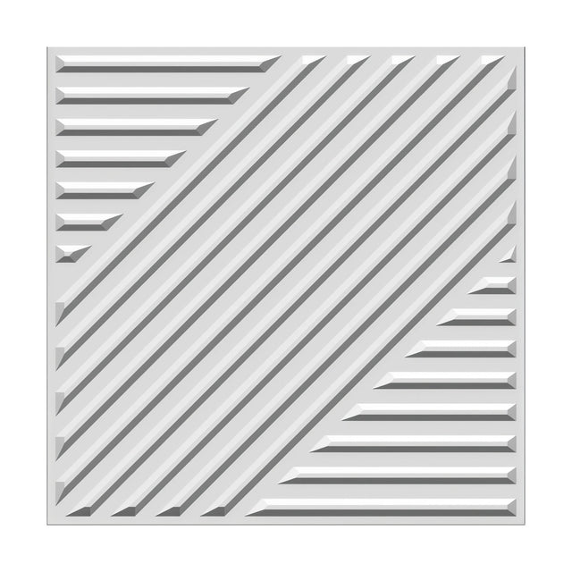 White square 3D PVC wall panel with a diagonal band of raised ribs and horizontal ribbed triangles in the corners, bevelled relief finish on a plain background.