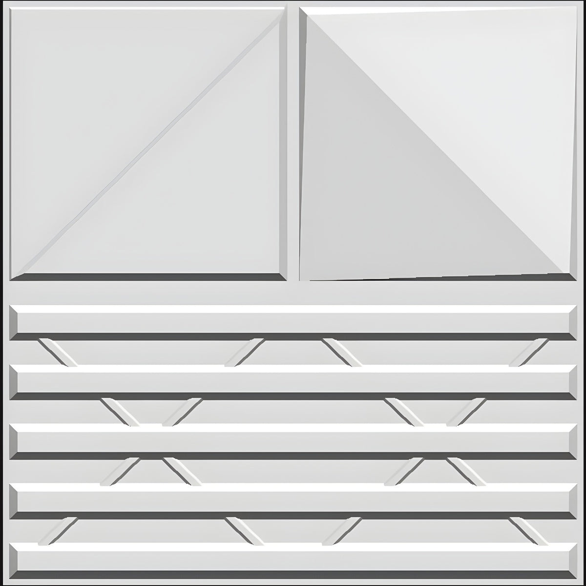 White PVC 3D wall panel, 50 x 50cm, with two bevelled squares folded into diagonal triangular facets above five horizontal bars crossed by X-shaped struts.
