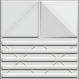 White PVC 3D wall panel, 50 x 50cm, with two bevelled squares folded into diagonal triangular facets above five horizontal bars crossed by X-shaped struts.
