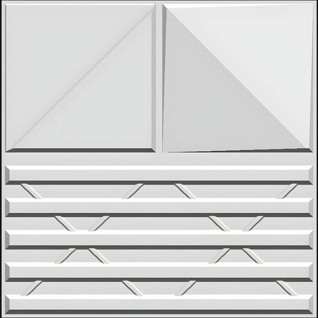 White PVC 3D wall panel, 50 x 50cm, with two bevelled squares folded into diagonal triangular facets above five horizontal bars crossed by X-shaped struts.