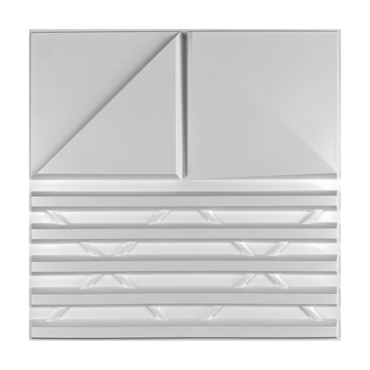 White PVC 3D wall panel, 50 x 50cm, with two diagonally folded bevelled squares above five horizontal bars and X-shaped diagonal struts, on a plain background.