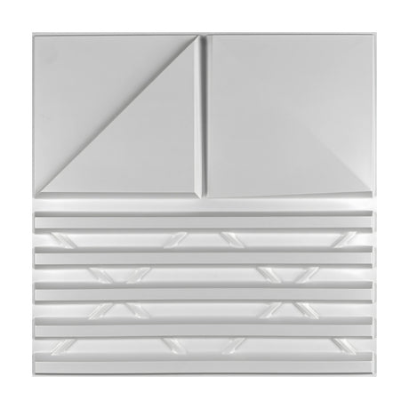 White PVC 3D wall panel, 50 x 50cm, with two diagonally folded bevelled squares above five horizontal bars and X-shaped diagonal struts, on a plain background.