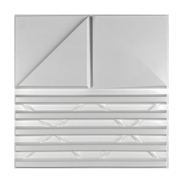 White PVC 3D wall panel, 50 x 50cm, with two diagonally folded bevelled squares above five horizontal bars and X-shaped diagonal struts, on a plain background.