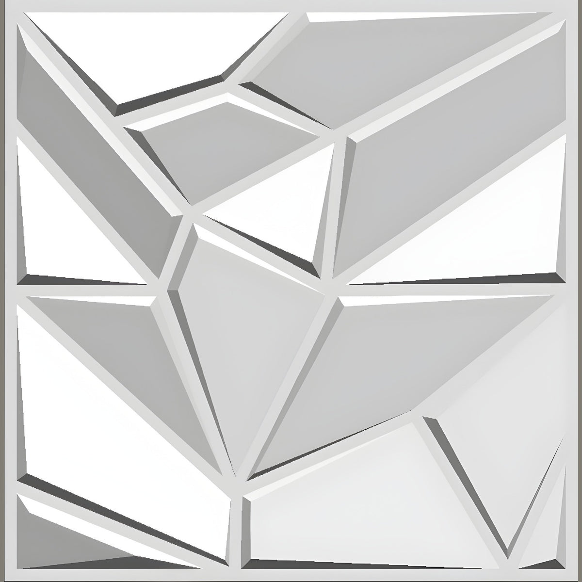 White PVC 3D wall panel, 50 x 50cm, featuring irregular faceted polygons in a geometric pattern with bevelled grooves, shown on a plain background.