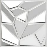 White PVC 3D wall panel, 50 x 50cm, featuring irregular faceted polygons in a geometric pattern with bevelled grooves, shown on a plain background.