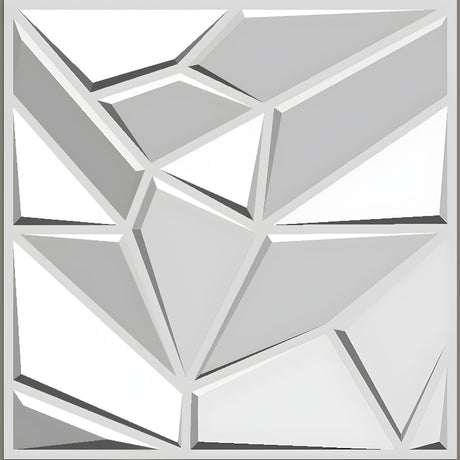 White PVC 3D wall panel, 50 x 50cm, featuring irregular faceted polygons in a geometric pattern with bevelled grooves, shown on a plain background.
