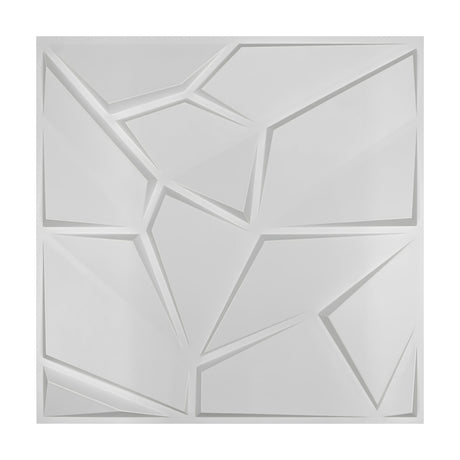 White 3D PVC wall panel, 50 x 50cm, featuring an irregular faceted geometric pattern with bevelled grooves, shown against a plain background.