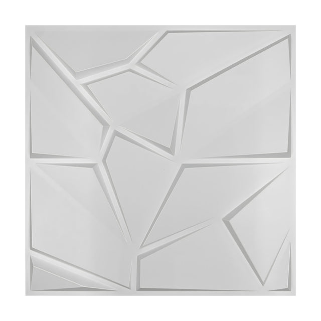 White 3D PVC wall panel, 50 x 50cm, featuring an irregular faceted geometric pattern with bevelled grooves, shown against a plain background.
