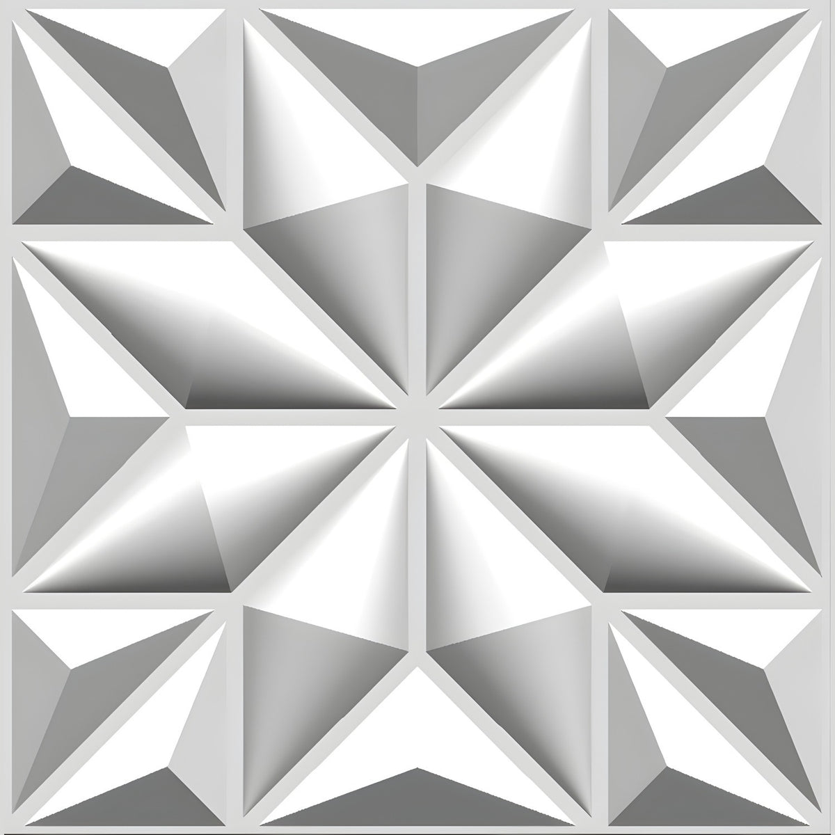 White PVC 3D wall panel, 50 x 50cm, featuring a faceted eight-pointed star with angled triangular facets, corner squares and inward-pointing triangles, shown on a plain background.