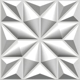 White PVC 3D wall panel, 50 x 50cm, featuring a faceted eight-pointed star with angled triangular facets, corner squares and inward-pointing triangles, shown on a plain background.