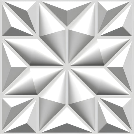 White PVC 3D wall panel, 50 x 50cm, featuring a faceted eight-pointed star with angled triangular facets, corner squares and inward-pointing triangles, shown on a plain background.