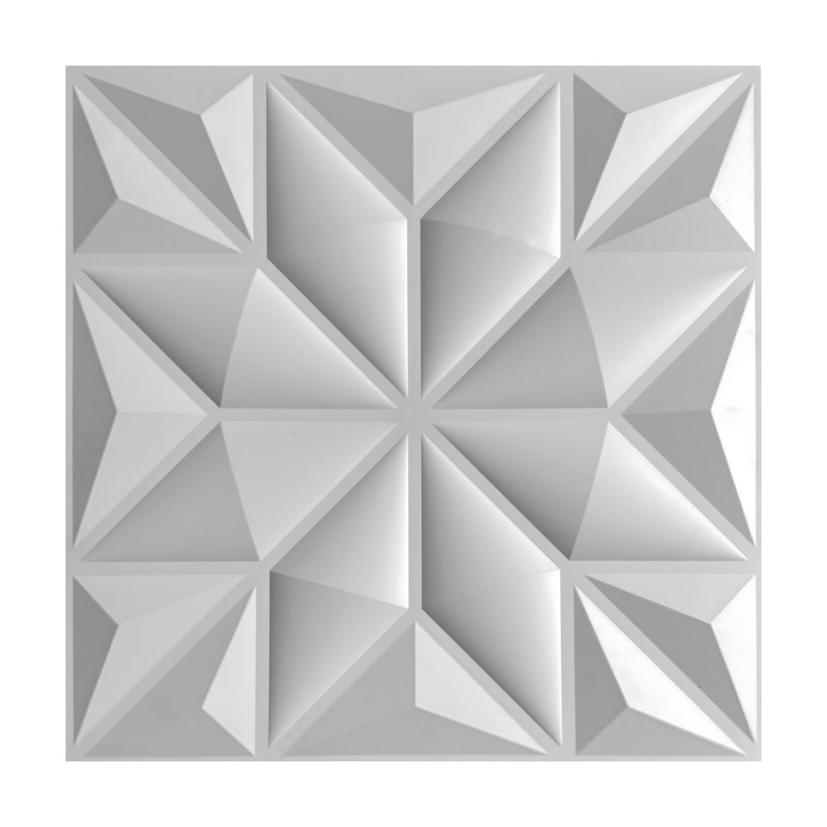 White 3D PVC wall panel, 50 x 50cm, with a faceted eight-pointed star pattern, corner squares, and triangular facets, shown on a plain background.