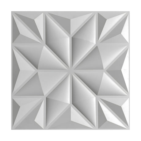 White 3D PVC wall panel, 50 x 50cm, with a faceted eight-pointed star pattern, corner squares, and triangular facets, shown on a plain background.