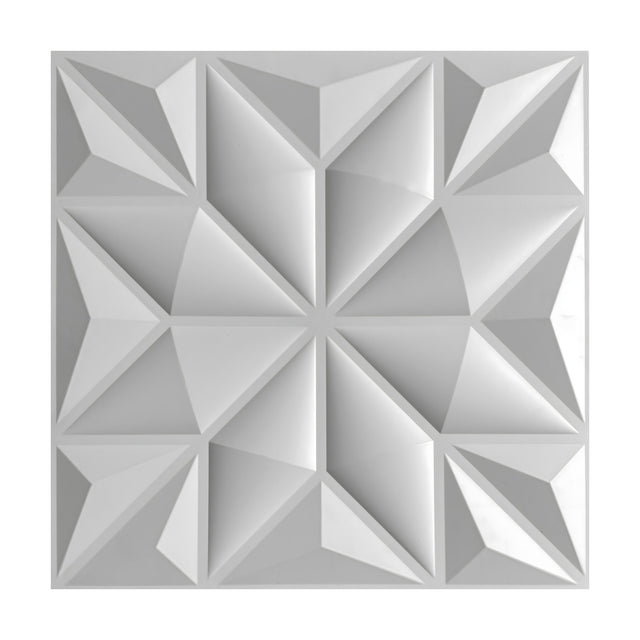 White 3D PVC wall panel, 50 x 50cm, with a faceted eight-pointed star pattern, corner squares, and triangular facets, shown on a plain background.