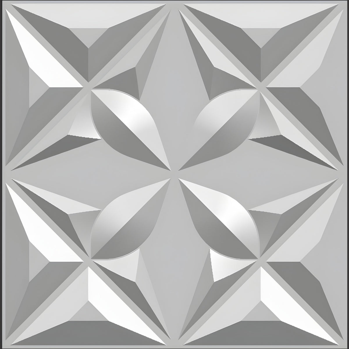 White PVC 3D wall panel, 50 x 50cm, with faceted four-pointed stars and curved petal details in a repeating geometric pattern, shown on a plain background.