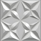 White PVC 3D wall panel, 50 x 50cm, with faceted four-pointed stars and curved petal details in a repeating geometric pattern, shown on a plain background.