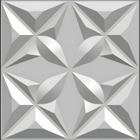 White PVC 3D wall panel, 50 x 50cm, with faceted four-pointed stars and curved petal details in a repeating geometric pattern, shown on a plain background.