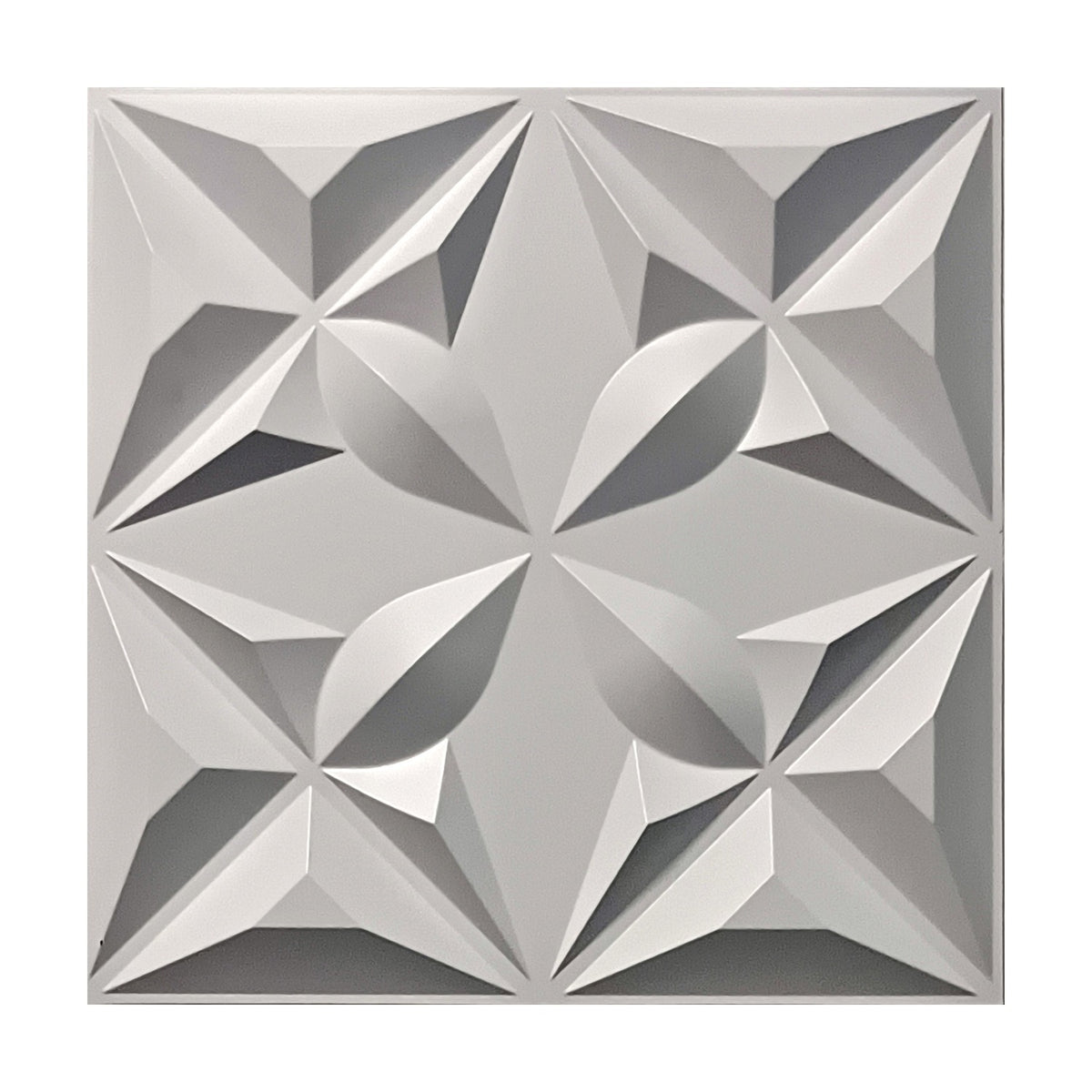 White 3D PVC wall panel, 50 x 50cm, with a faceted star and petal geometric relief in four repeating sections, shown on a plain white background.