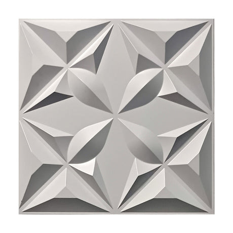 White 3D PVC wall panel, 50 x 50cm, with a faceted star and petal geometric relief in four repeating sections, shown on a plain white background.