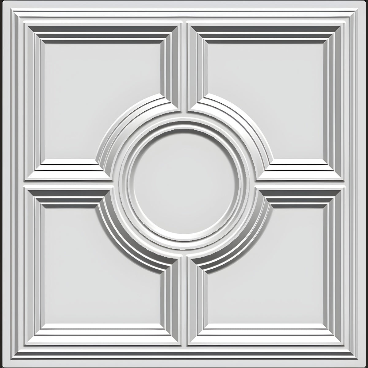 White 3D PVC wall panel, 50 x 50cm, with four square coffers in a grid framed by stepped mouldings around a central circular ring motif.