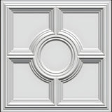 White 3D PVC wall panel, 50 x 50cm, with four square coffers in a grid framed by stepped mouldings around a central circular ring motif.