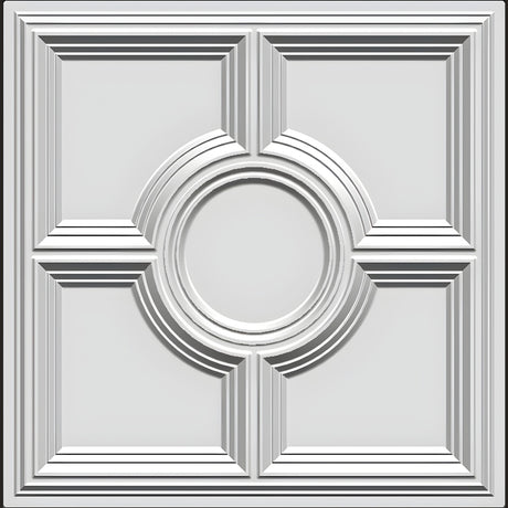 White 3D PVC wall panel, 50 x 50cm, with four square coffers in a grid framed by stepped mouldings around a central circular ring motif.