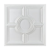 White 3D PVC wall panel, 50 x 50cm, with four square coffers in a two-by-two grid and a central circle of concentric rings, stepped moulded edges, shown on a plain white background.