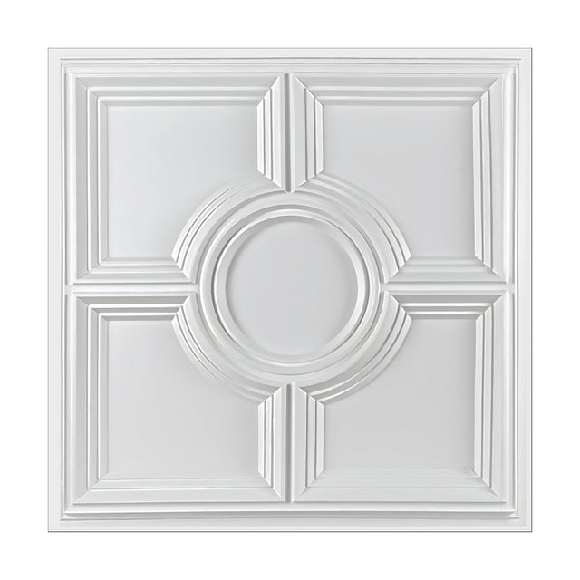 White 3D PVC wall panel, 50 x 50cm, with four square coffers in a two-by-two grid and a central circle of concentric rings, stepped moulded edges, shown on a plain white background.
