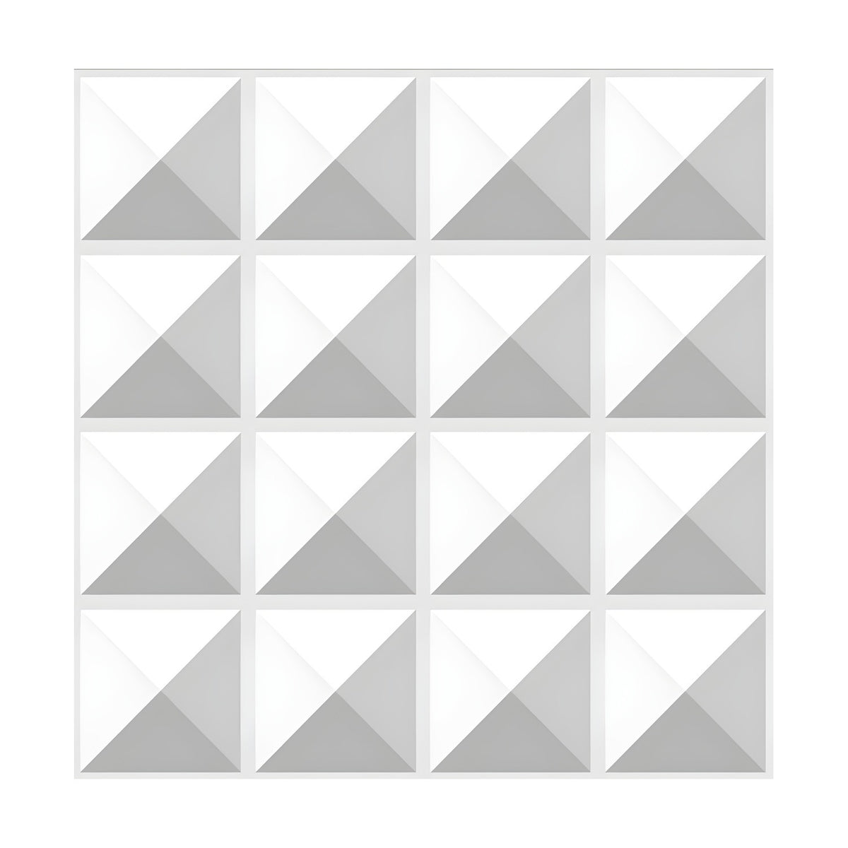 White PVC 3D wall panel, 50 x 50cm, with a four-by-four grid of square-based pyramids creating a raised geometric pattern, shown on a plain white background.