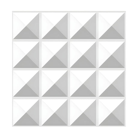 White PVC 3D wall panel, 50 x 50cm, with a four-by-four grid of square-based pyramids creating a raised geometric pattern, shown on a plain white background.