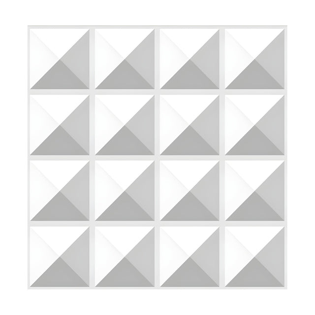 White PVC 3D wall panel, 50 x 50cm, with a four-by-four grid of square-based pyramids creating a raised geometric pattern, shown on a plain white background.