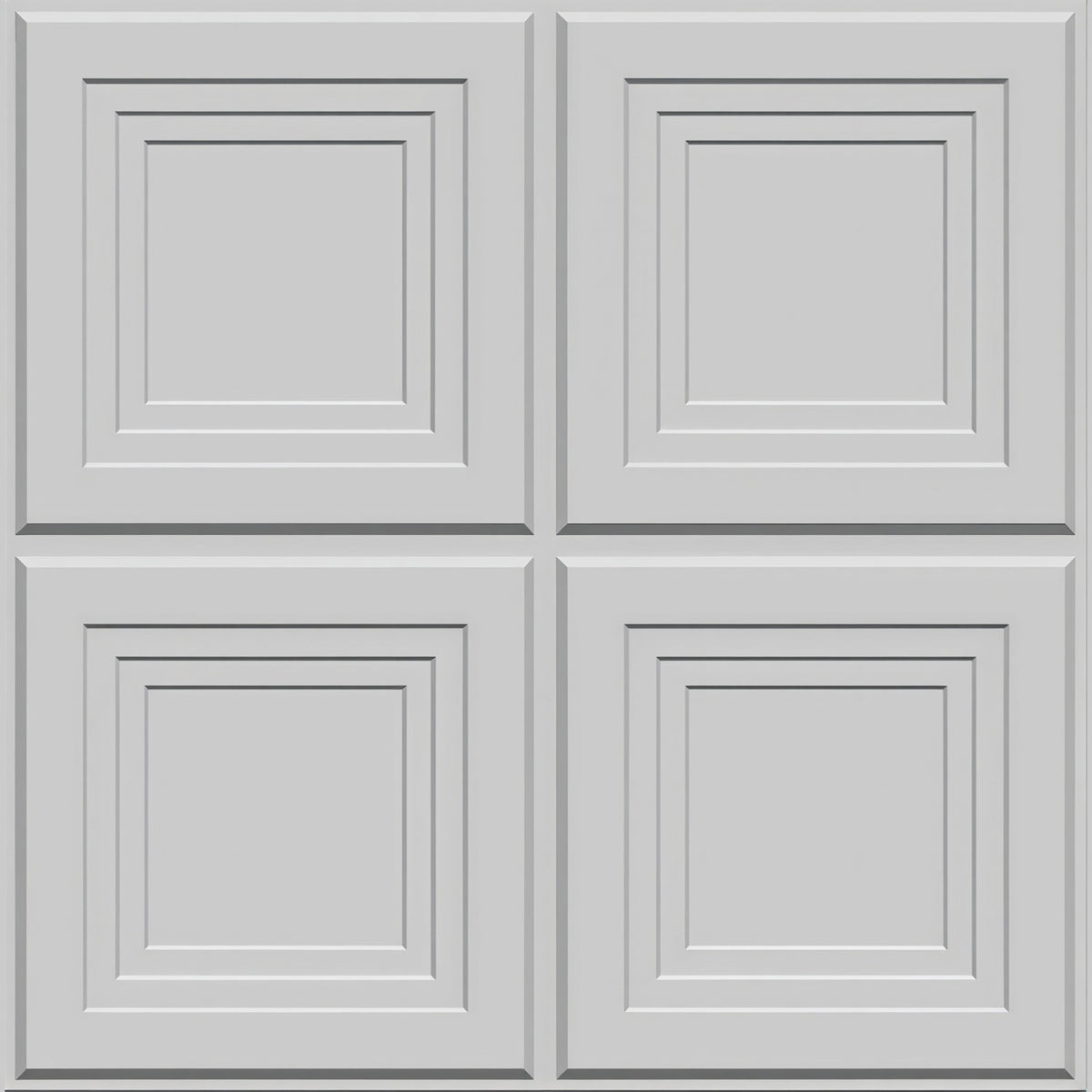 White PVC 3D wall panel, 50 x 50cm, divided into four equal squares with stepped bevelled grooves framing flat centres, shown on a plain background.