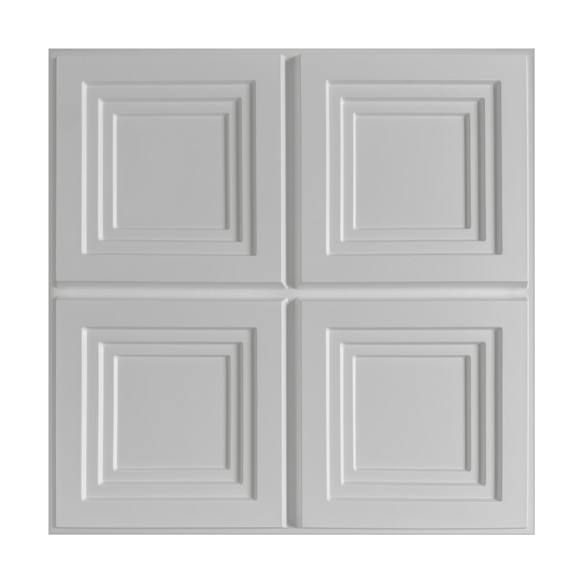 White PVC 3D wall panel, 50 x 50cm, with four stepped square frames in a grid, raised geometric detail, plain white background.