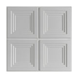 White PVC 3D wall panel, 50 x 50cm, with four stepped square frames in a grid, raised geometric detail, plain white background.