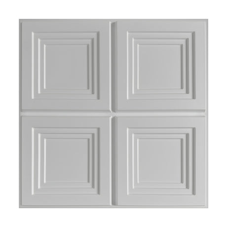 White PVC 3D wall panel, 50 x 50cm, with four stepped square frames in a grid, raised geometric detail, plain white background.